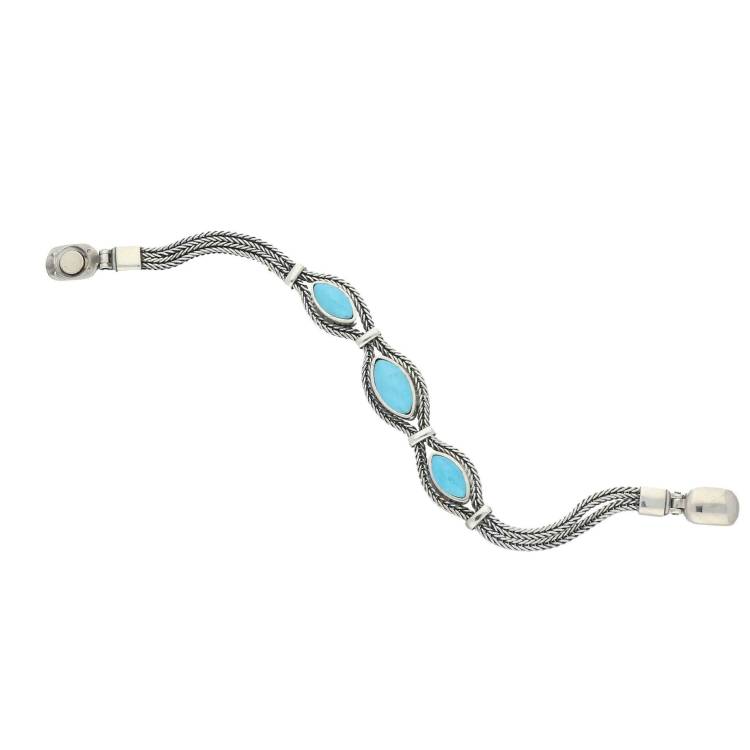 Sterling Silver Turquoise Three Stone Marquise Foxtail Bracelet - Option1 Value Silver