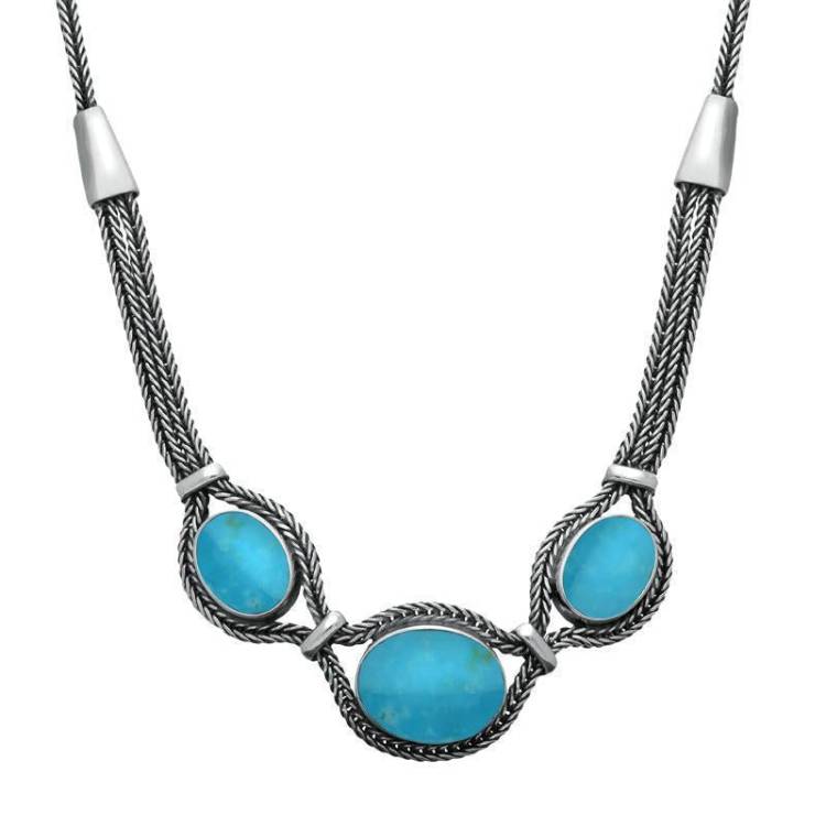 Sterling Silver Turquoise Three Stone Oval Foxtail Necklace - Option1 Value Silver