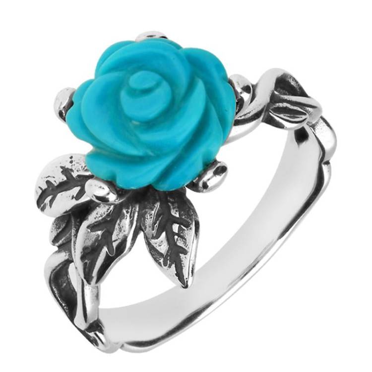 Sterling Silver Turquoise Tuberose 10mm Rose Leaf Twist Ring - Silver