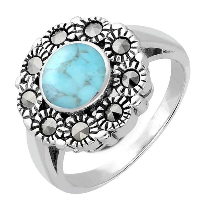 Sterling Silver Turquoise Vintage Round Centre Marcasite Ring - Silver
