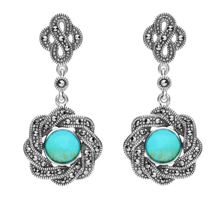 Sterling Silver Turquoise Marcasite Overlap Ribbon Drop Earrings - Silver