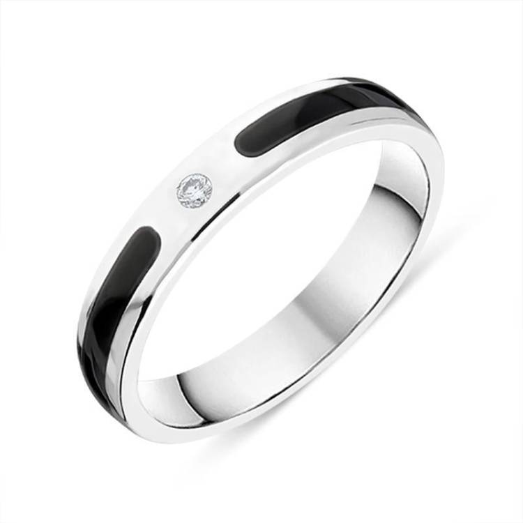 Sterling Silver Whitby Jet Diamond 4mm Patterned Wedding Band Ring - Silver