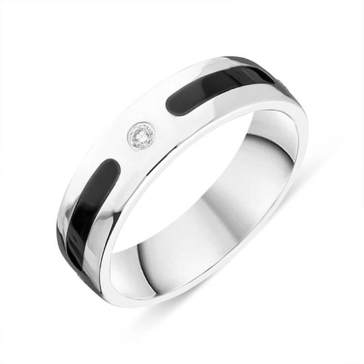 Sterling Silver Whitby Jet Diamond 6mm Patterned Wedding Band Ring - Silver