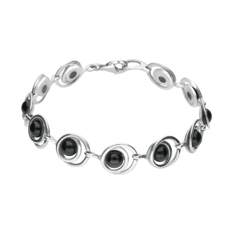 Sterling Silver Whitby Jet Eleven Stone Round Swirl Bracelet - Silver