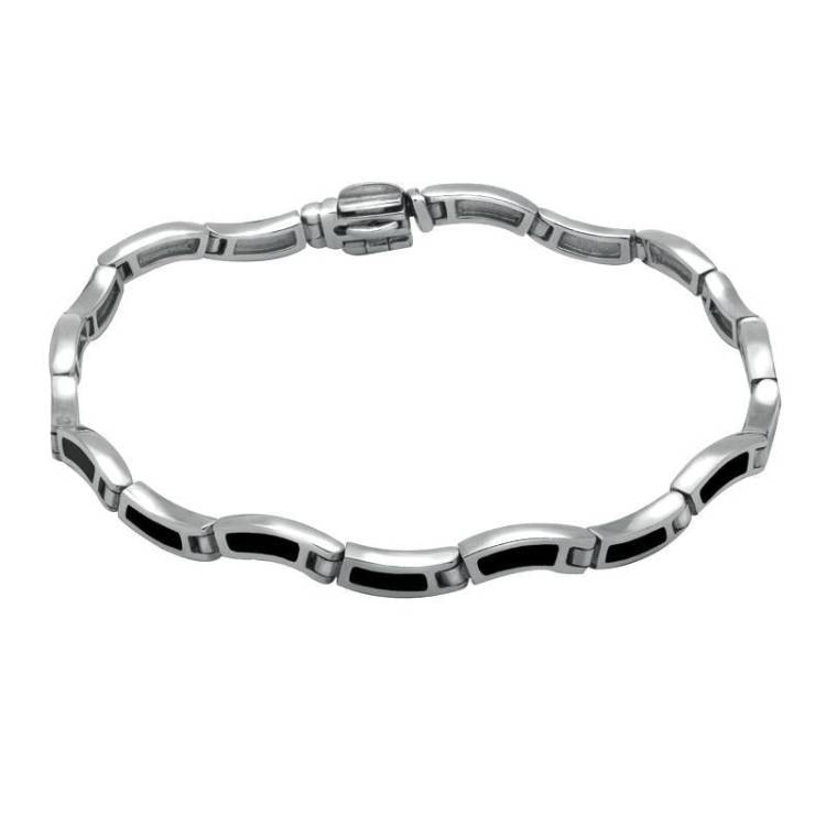 Sterling Silver Whitby Jet Eighteen Stone Wavy Link Bracelet - Silver
