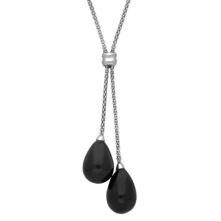 Sterling Silver Whitby Jet Two Stone Drop Necklace - Silver