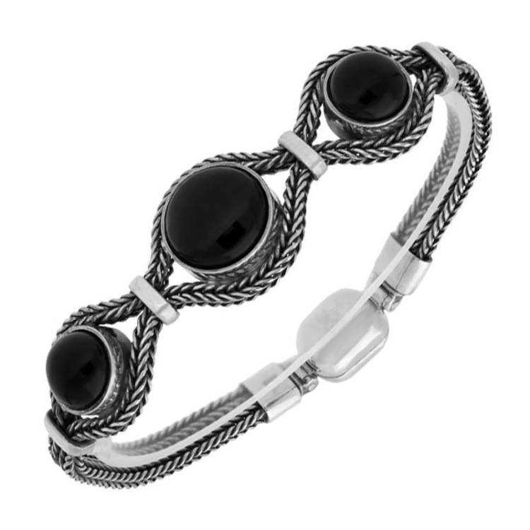 Sterling Silver Whitby Jet 3 Stone Round Foxtail Bracelet - Option1 Value Silver
