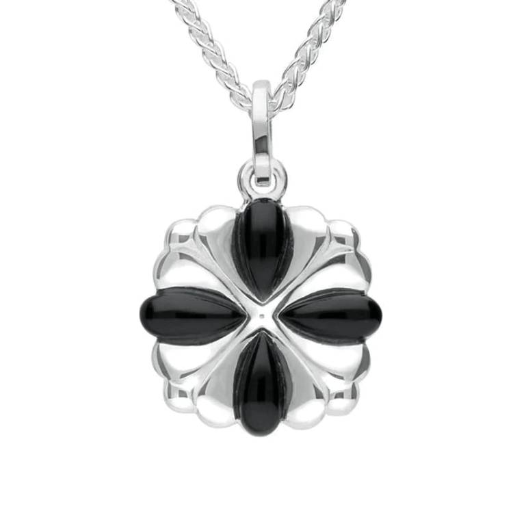 Sterling Silver Whitby Jet 4 Stone Cross Necklace - Silver