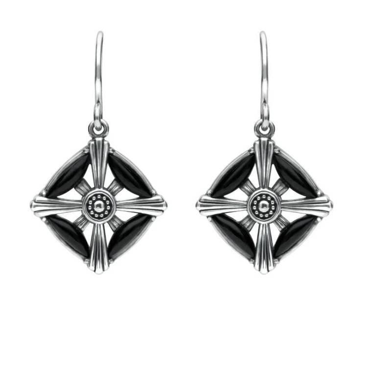 Sterling Silver Whitby Jet Four Stone Square Cross Drop Earrings - Silver
