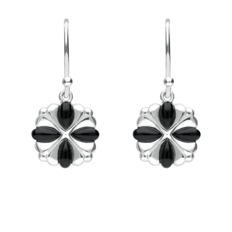 Sterling Silver Whitby Jet 4 stone Cross Drop Earrings - Silver