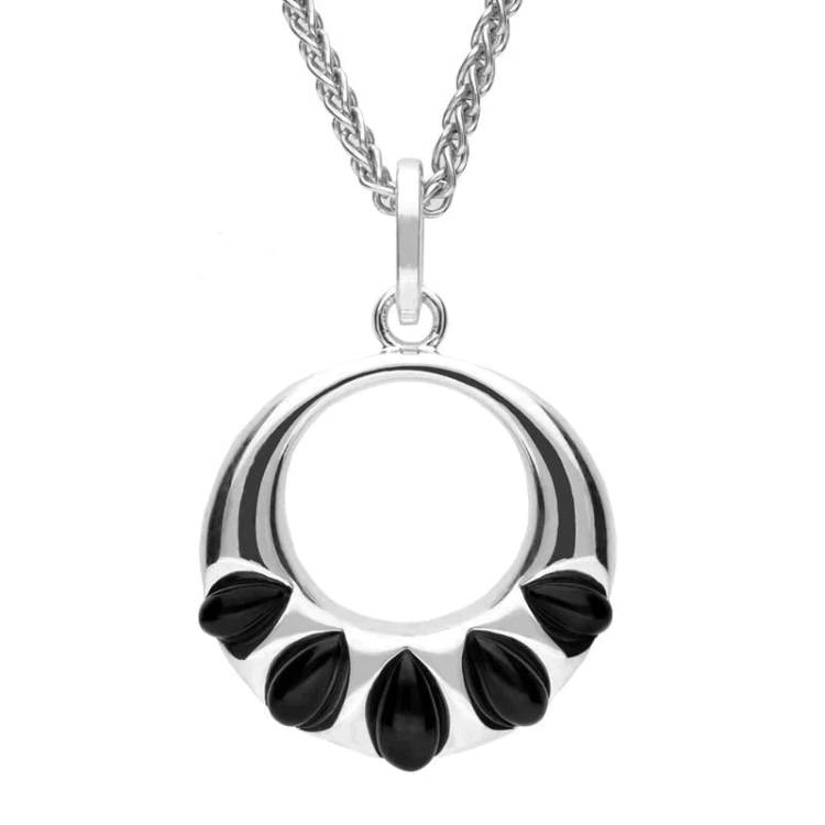 Sterling Silver Whitby Jet Five Stone Open Circle Necklace - Silver