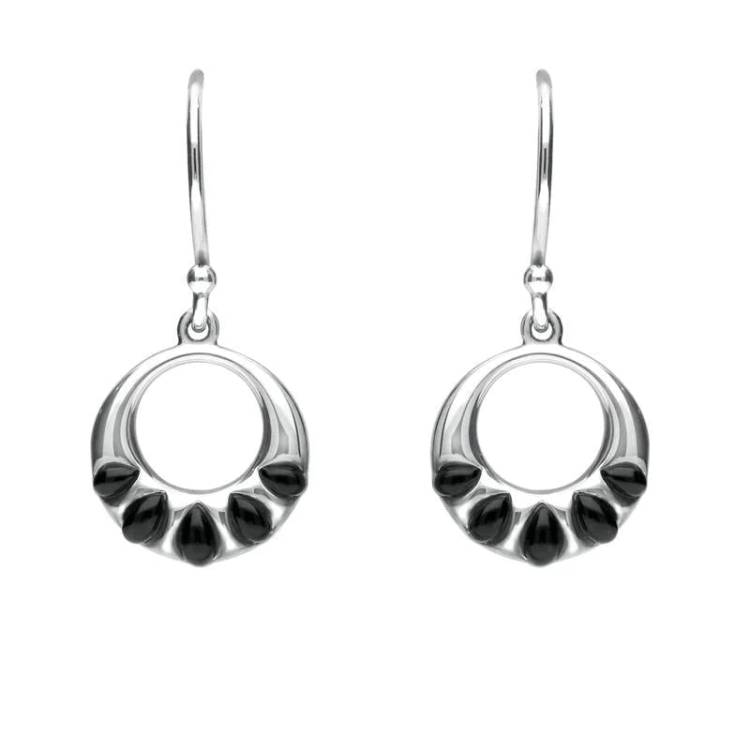 Sterling Silver Whitby Jet Five Stone Round Drop Earrings - Silver