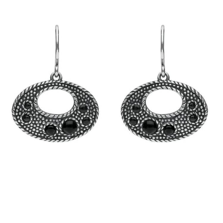 Sterling Silver Whitby Jet 6 Stone Open Oval Oxi Drop Earrings - Silver