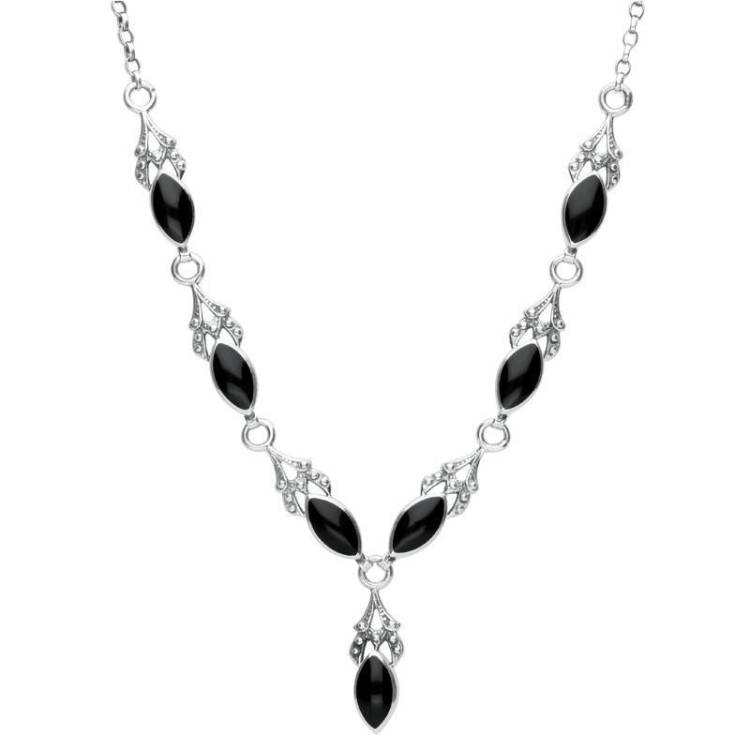 Sterling Silver Whitby Jet Seven Stone Marquise Necklace - Silver
