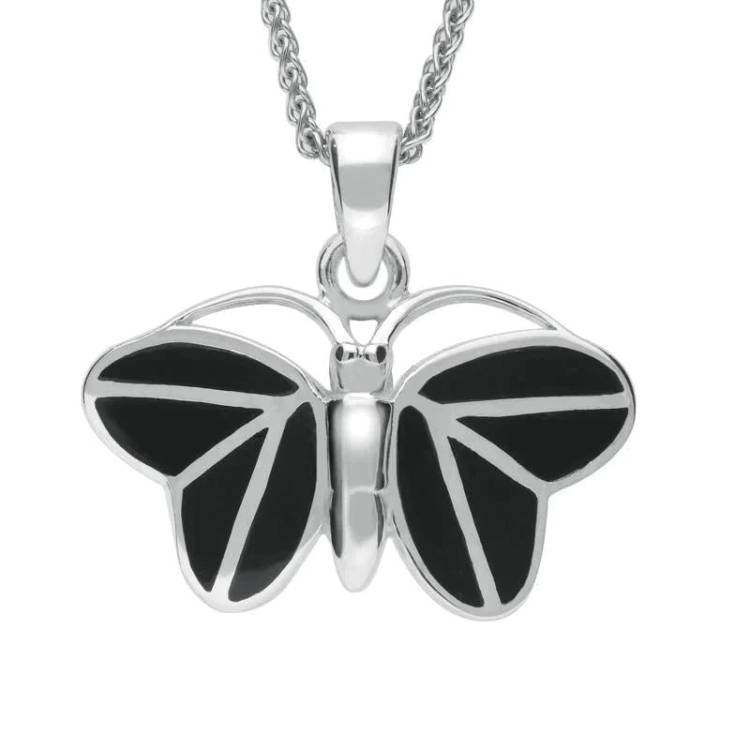 Sterling Silver Whitby Jet Eight Stone Butterfly Necklace - Silver