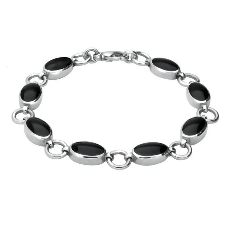 Sterling Silver Whitby Jet 8 Stone Round Ring Bracelet - Silver