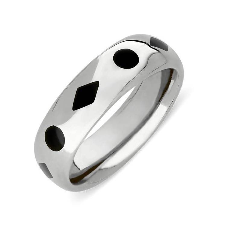 Sterling Silver Whitby Jet 8mm Patterned Wedding Band - Silver