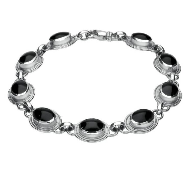 Sterling Silver Whitby Jet Nine Stone Oval Bracelet - Silver