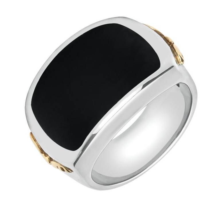 Sterling Silver Whitby Jet 9ct Yellow Gold Gothic Bat Ring - Yellow Gold