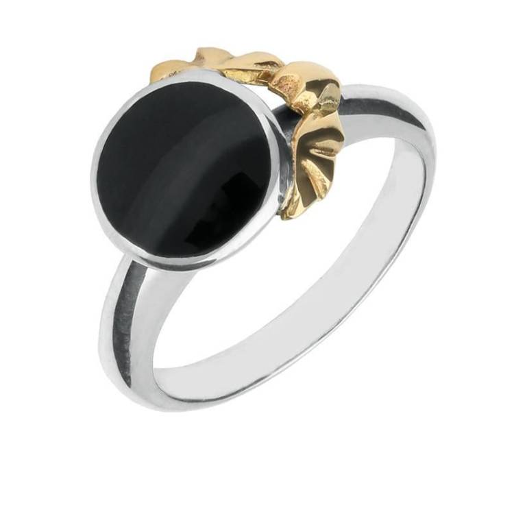 Sterling Silver Whitby Jet 9ct Yellow Gold Small Bat Ring - Yellow Gold