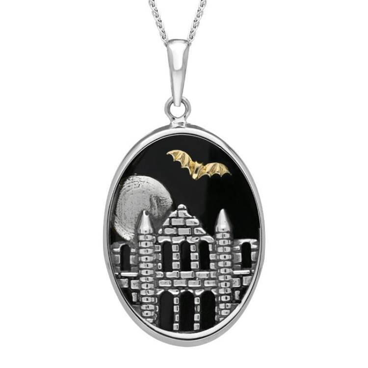 Sterling Silver Whitby Jet Abbey Moon Bat Oval Necklace