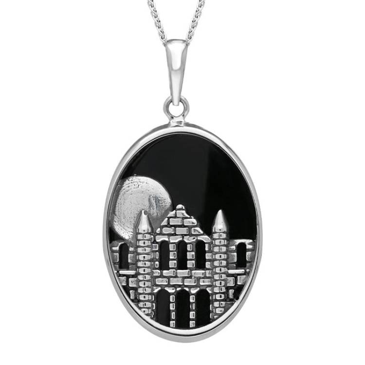 Sterling Silver Whitby Jet Abbey Moon Oval Necklace - Silver