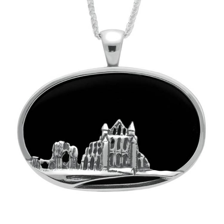 Sterling Silver Whitby Jet Abbey Oval Necklace - Silver