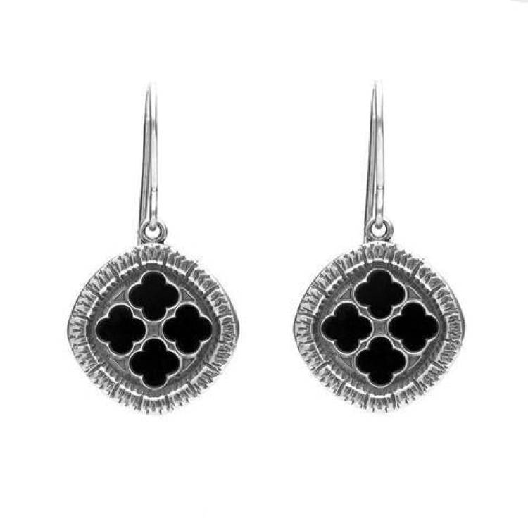 Sterling Silver Whitby Jet Abbey Window Drop Earrings - Silver