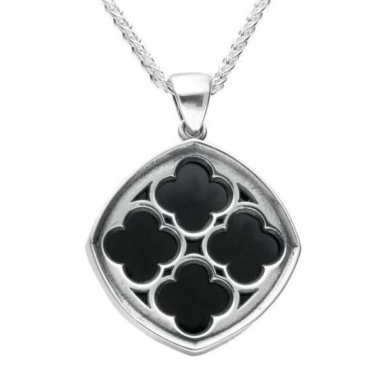 Sterling Silver Whitby Jet Abbey Window Large Cushion Necklace. - Silver