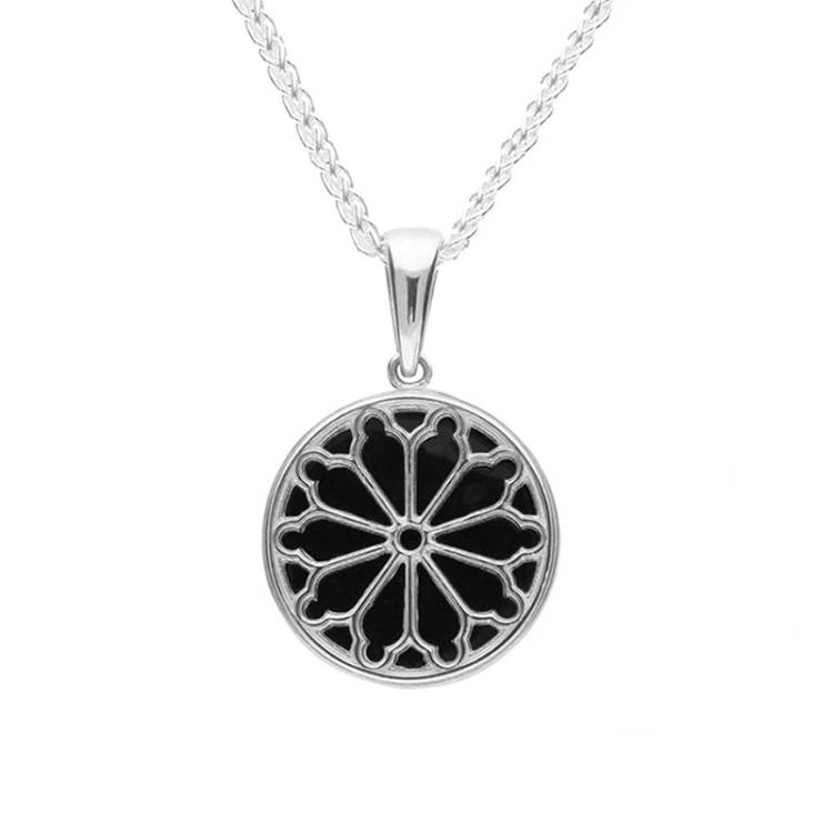 Sterling Silver Whitby Jet Round Abbey Window Necklace - Silver