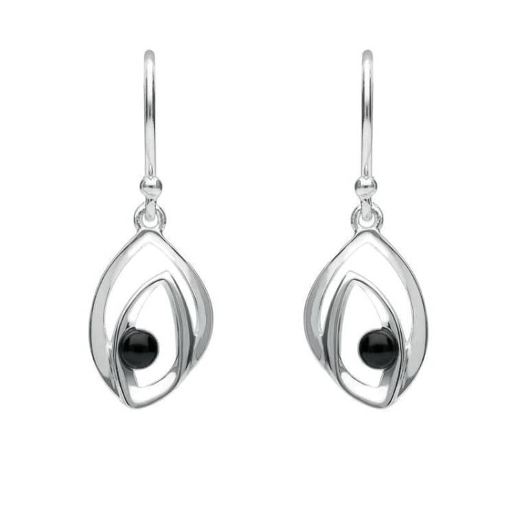 Sterling Silver Whitby Jet Abstract Flame Stone Drop Earrings - Silver