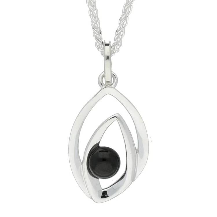 Sterling Silver Whitby Jet Abstract Flame Stone Necklace - Silver