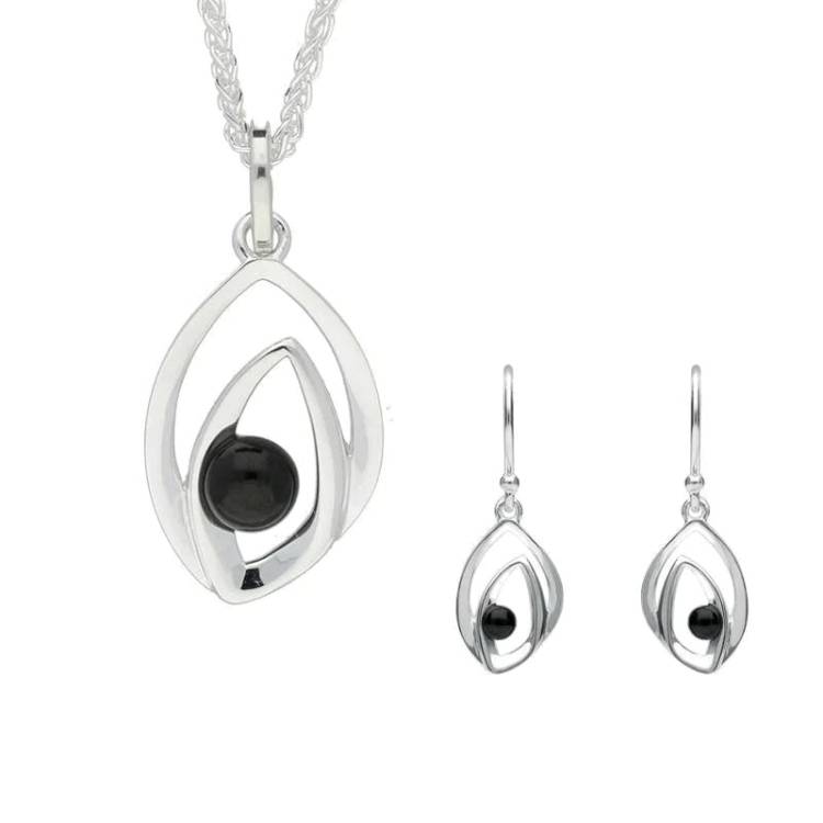 Sterling Silver Whitby Jet Abstract Flame Two Piece Set - Silver