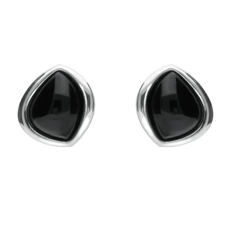Sterling Silver Whitby Jet Abstract Marquise Stud Earrings - Silver