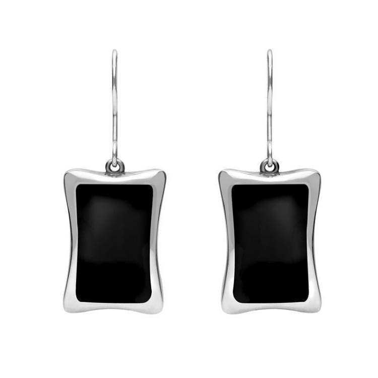 Sterling Silver Whitby Jet Abstract Oblong Hook Drop Earrings - Silver