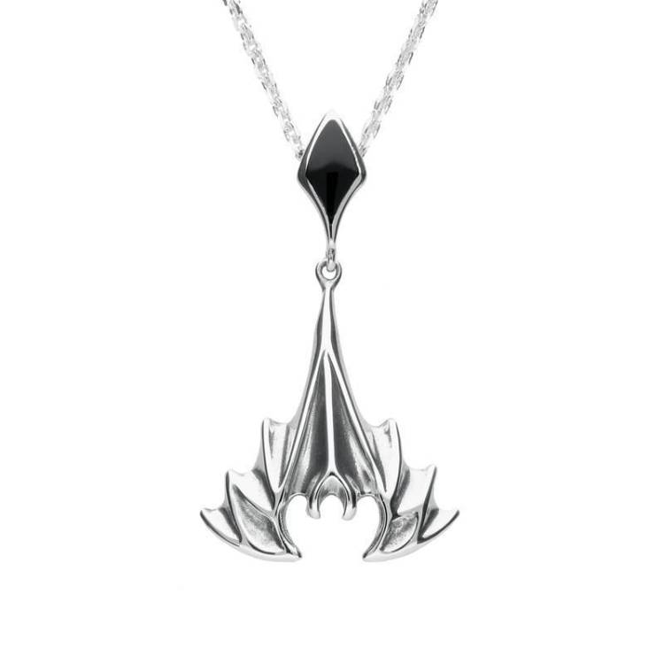 Sterling Silver Whitby Jet Abstract Upside Down Bat Necklace - Silver