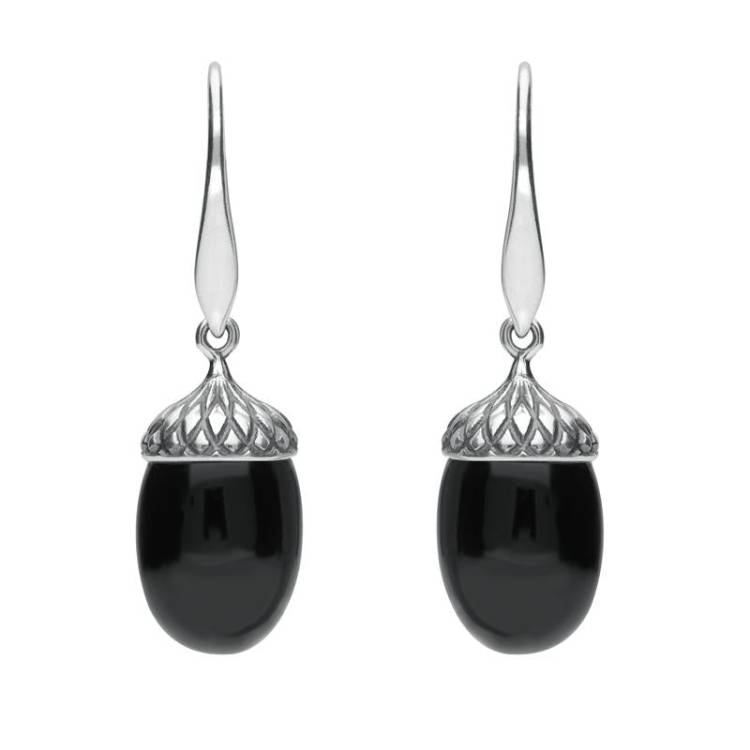 Sterling Silver Whitby Jet Acorn Drop Earrings - Silver