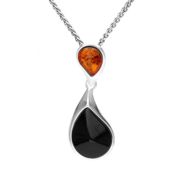 Sterling Silver Whitby Jet Amber Two Stone Pear Drop Necklace - Silver