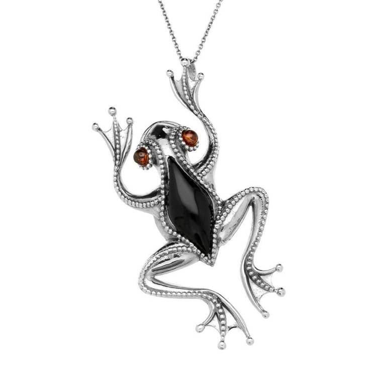 Sterling Silver Whitby Jet Amber Bead Detail Large Frog Necklace - Silver