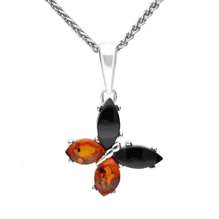 Sterling Silver Whitby Jet Amber Small Butterfly Necklace - Silver
