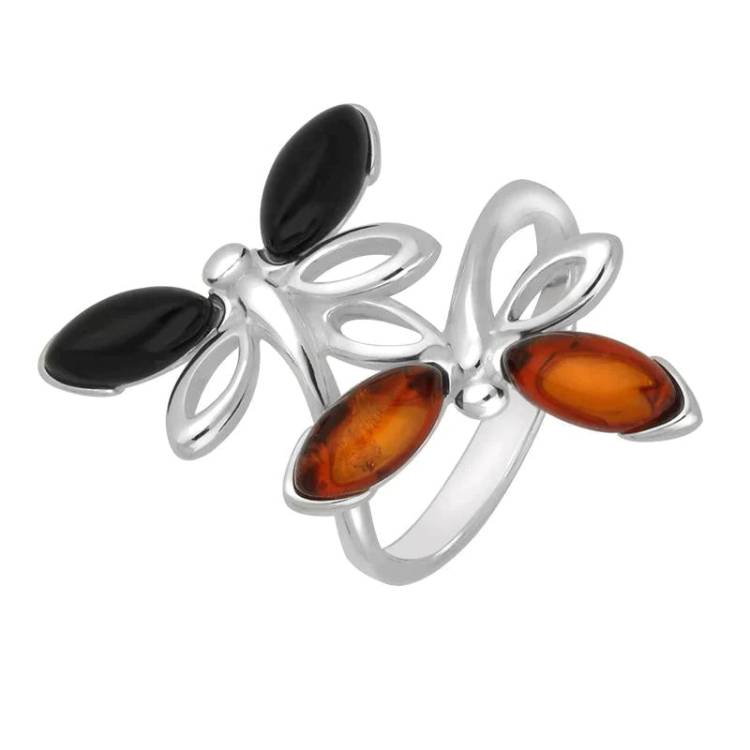 Sterling Silver Whitby Jet Amber Double Dragonfly Ring - Silver