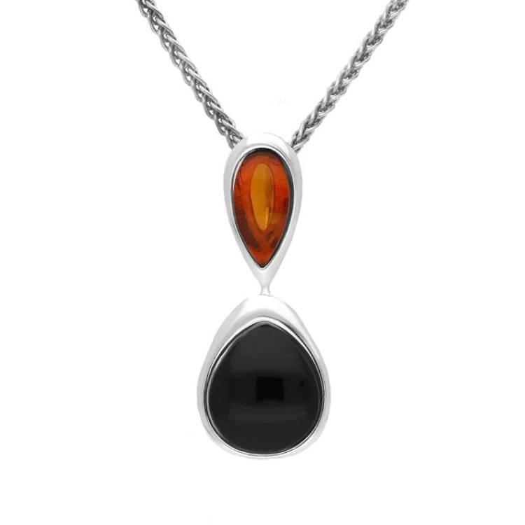 Sterling Silver Whitby Jet Amber Double Pear Drop Necklace - Silver