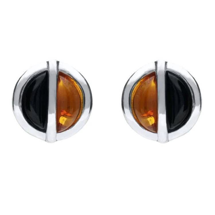 Sterling Silver Whitby Jet Amber Double Stone Stud Earrings