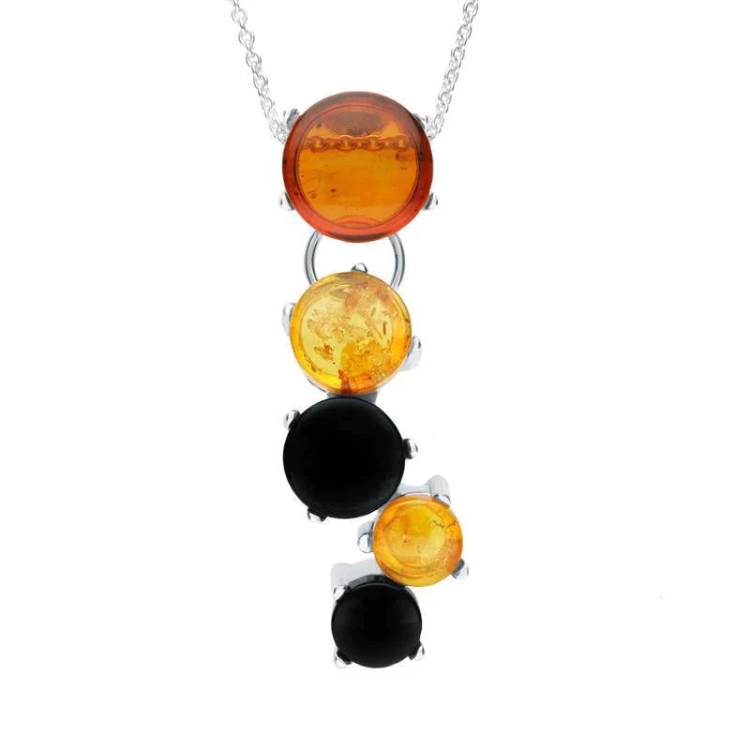 Sterling Silver Whitby Jet Amber Five Stone Graduated Cascade Necklace D - Silver