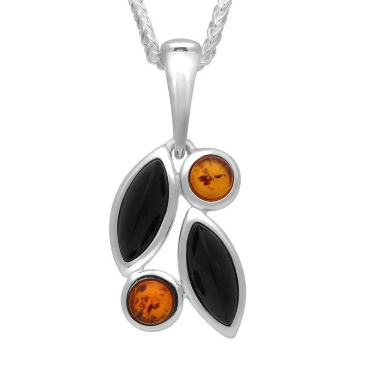 Sterling Silver Whitby Jet Amber Four Stone Leaf Necklace - Silver