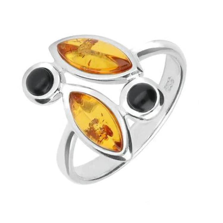 Sterling Silver Whitby Jet Amber Four Stone Marquise Ring - Silver