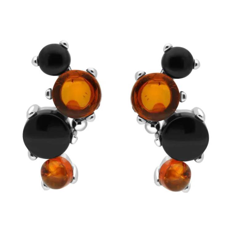 Sterling Silver Whitby Jet Amber Four Stone Stud Earrings - Silver