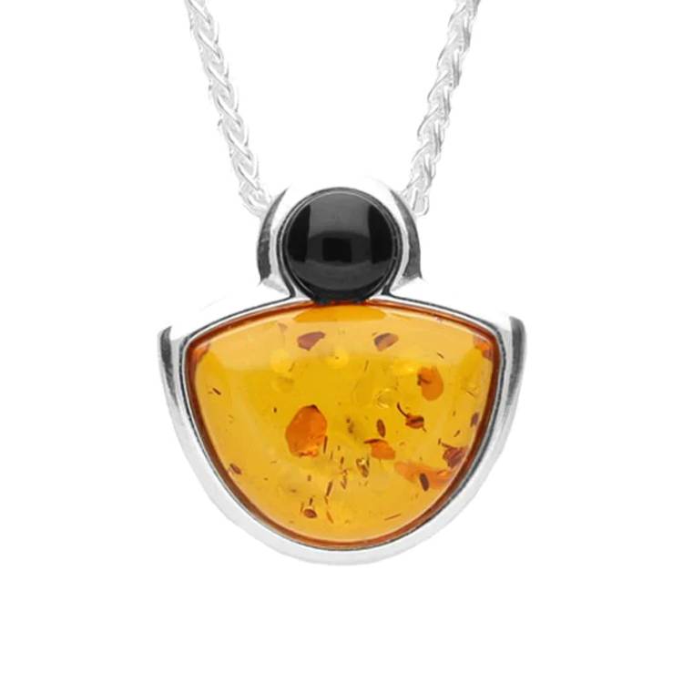 Sterling Silver Whitby Jet Amber Half Moon Necklace - Silver