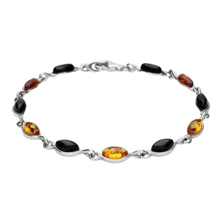 Sterling Silver Whitby Jet Amber Link Bracelet - Silver