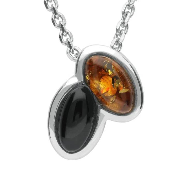 Sterling Silver Whitby Jet Amber Marquise Necklace - Silver